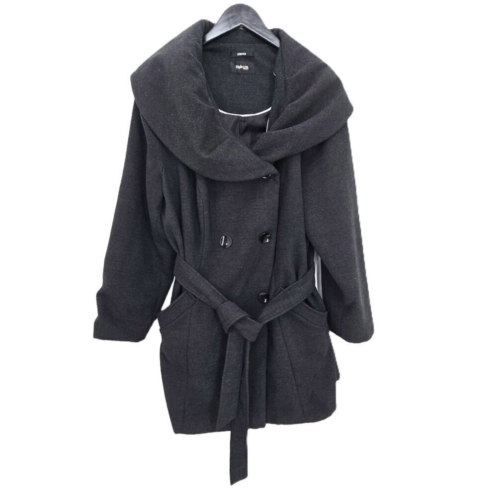 Style & Co. Dark Grey Shawl Collar Doble Breasted Wool Peacoat Belt Women Size 2